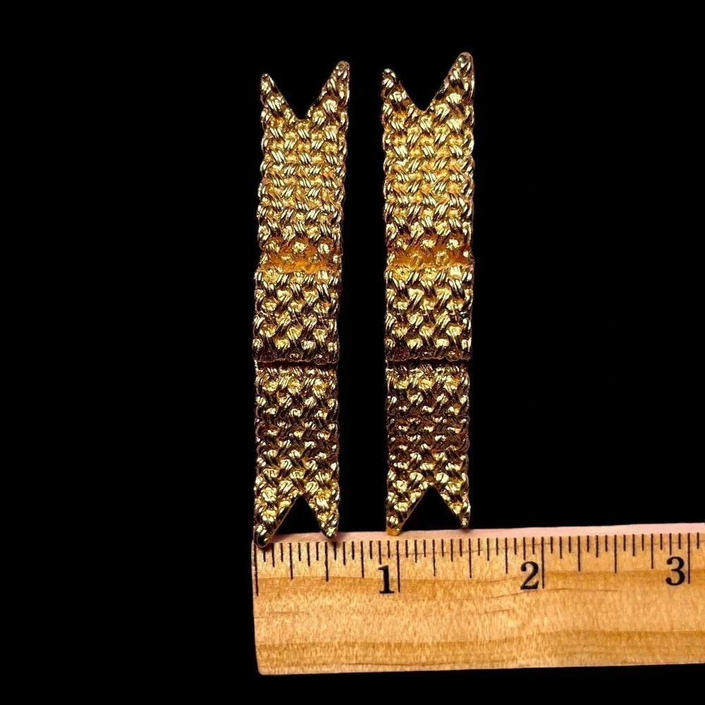 VTG Barrette Pair Gold-Tone Metal Woven Texture Bow Hair Jewelry Accessories 3”